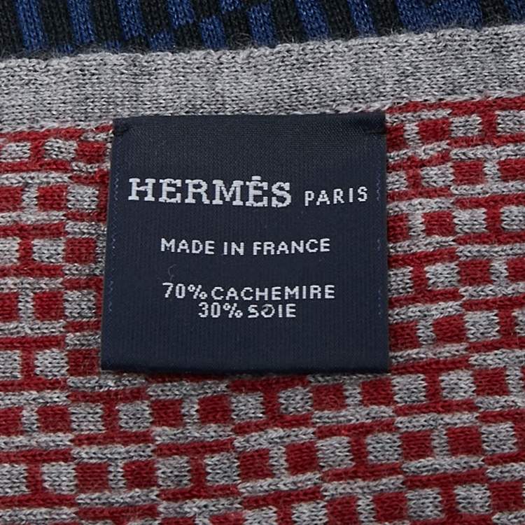 Pre Owned Hermes Black/Blue Logo Patterned Knit Cashmere Blend Muffler