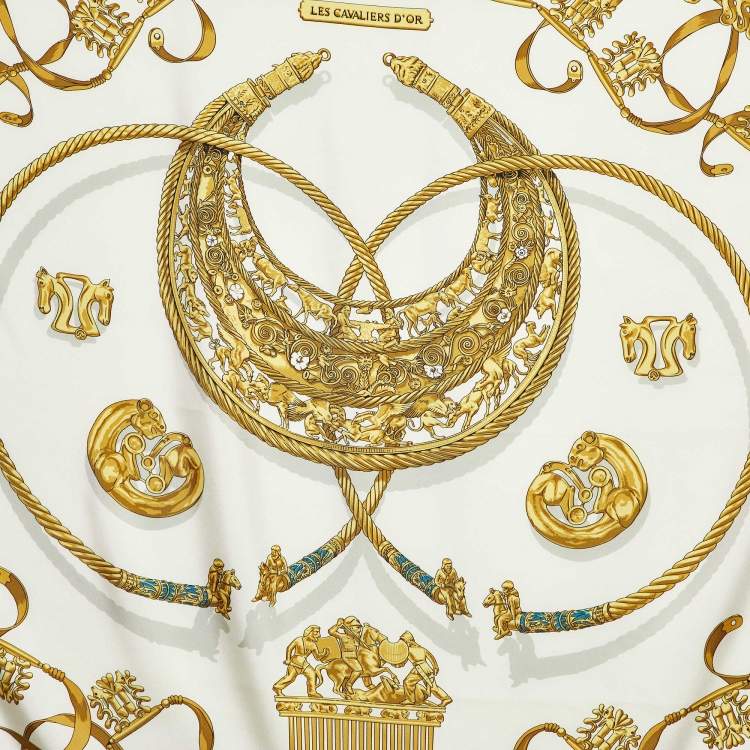 Pre Owned Hermes Ivory Les Cavaliers d'Or Silk Scarf