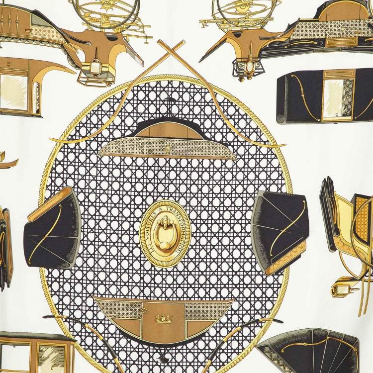 Pre Owned Hermes Ivory/Black Les Voitures a Transformation Silk Scarf