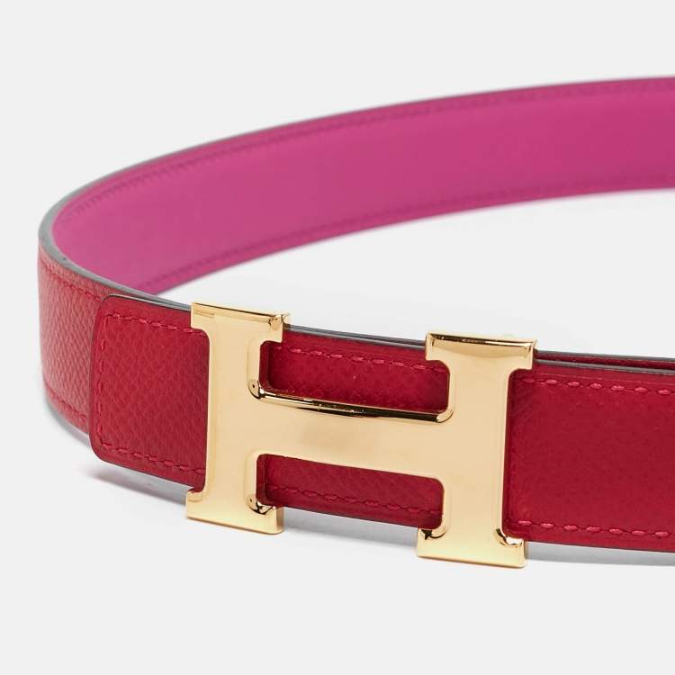 Pre Owned Hermes Rouge Casaque/Magnolia Epsom and Swift Leather H Buckle Reversible Belt 75 CM