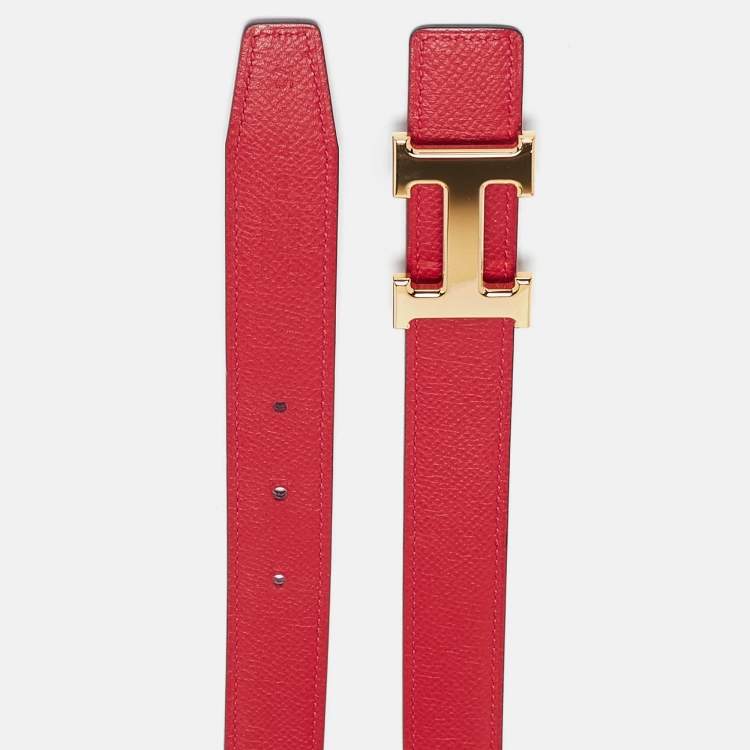 Pre Owned Hermes Rouge Casaque/Magnolia Epsom and Swift Leather H Buckle Reversible Belt 75 CM
