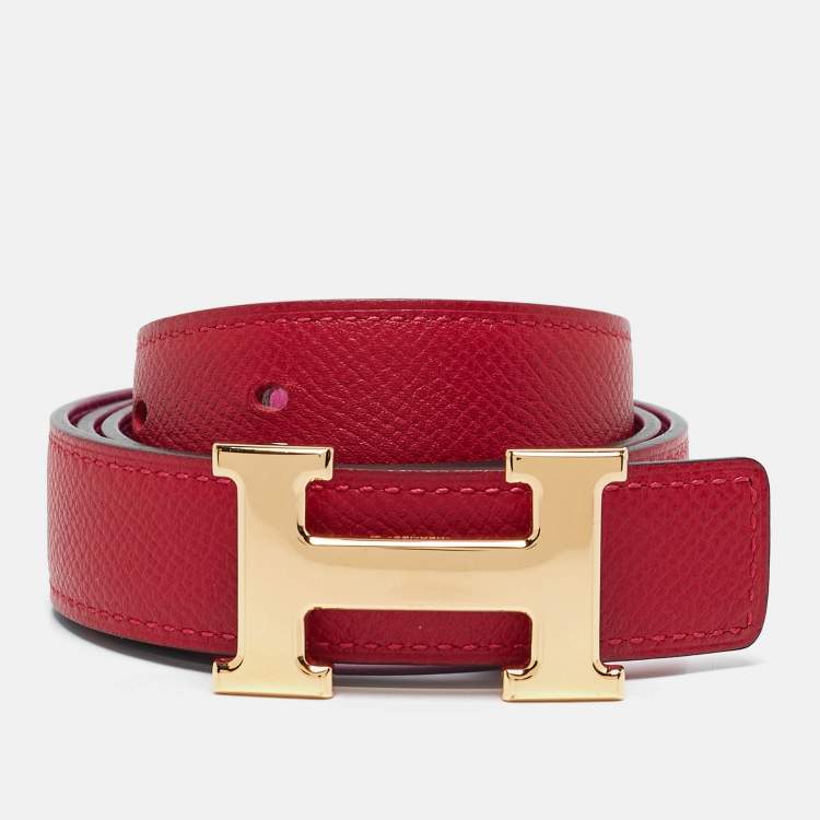 Pre Owned Hermes Rouge Casaque/Magnolia Epsom and Swift Leather H Buckle Reversible Belt 75 CM