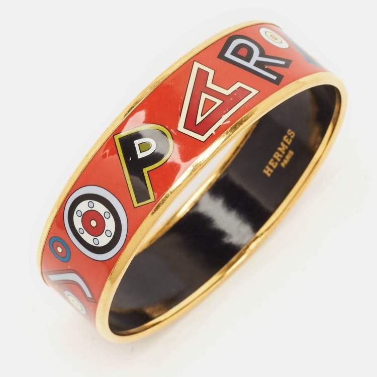 Pre Owned Hermes Tohu Bohu Printed Enamel Gold Plated Wide Bangle Bracelet