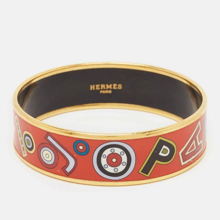 Pre Owned Hermes Tohu Bohu Printed Enamel Gold Plated Wide Bangle Bracelet