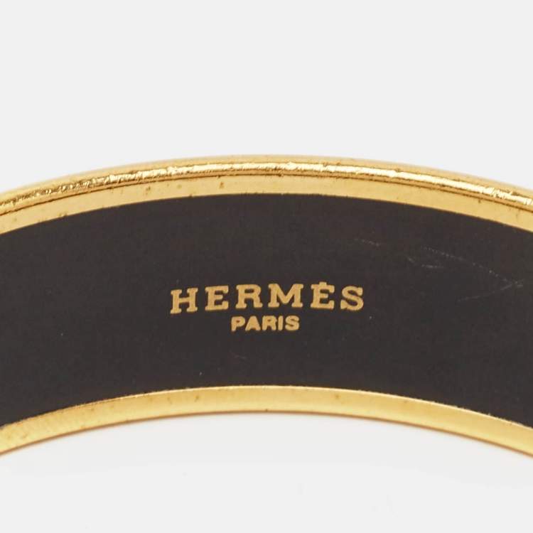 Pre Owned Hermes Tohu Bohu Printed Enamel Gold Plated Wide Bangle Bracelet