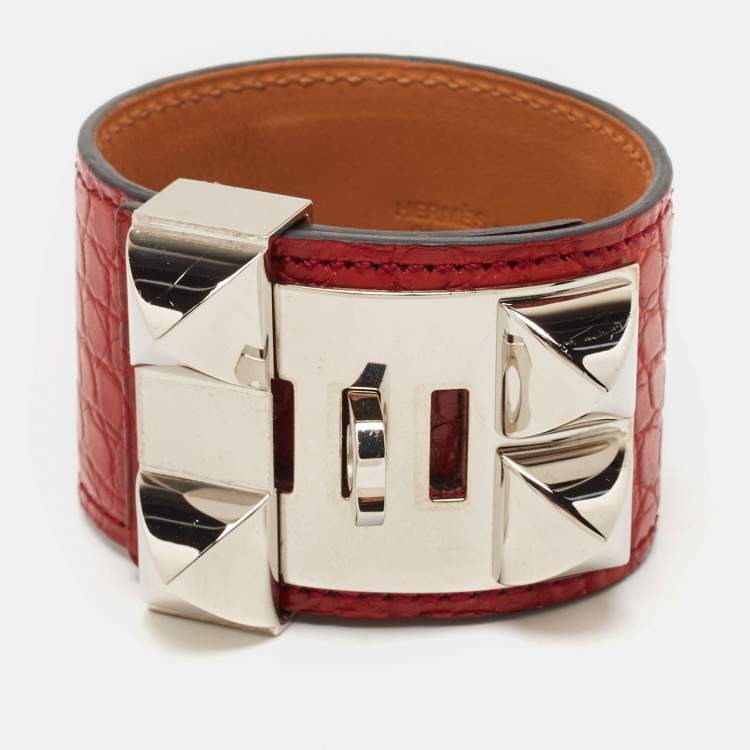 Pre Owned Hermès Collier De Chien Alligator Leather Palladium Plated Bracelet