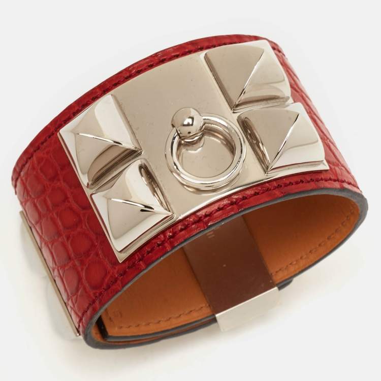Pre Owned Hermès Collier De Chien Alligator Leather Palladium Plated Bracelet