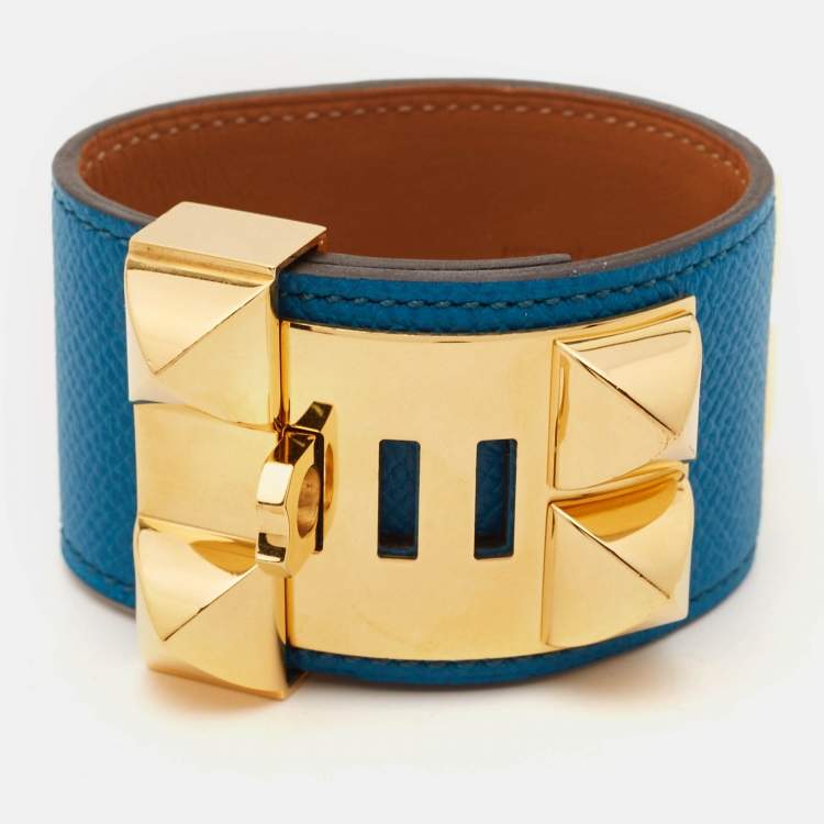 Pre Owned Hermès Collier De Chien Blue Leather Gold Plated Bracelet