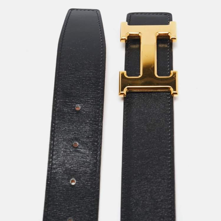 Pre Owned Hermes Black/Orange Box and Togo Leather H Buckle Reversible Belt 90CM