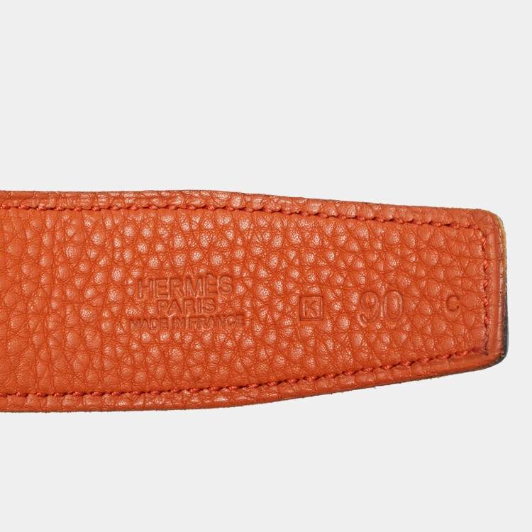 Pre Owned Hermes Black/Orange Box and Togo Leather H Buckle Reversible Belt 90CM