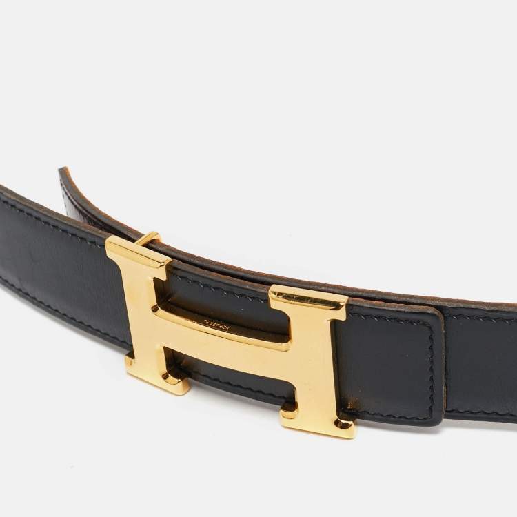 Pre Owned Hermes Black/Orange Box and Togo Leather H Buckle Reversible Belt 90CM