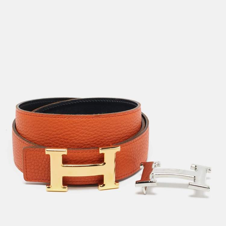 Pre Owned Hermes Black/Orange Box and Togo Leather H Buckle Reversible Belt 90CM