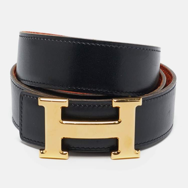 Pre Owned Hermes Black/Orange Box and Togo Leather H Buckle Reversible Belt 90CM