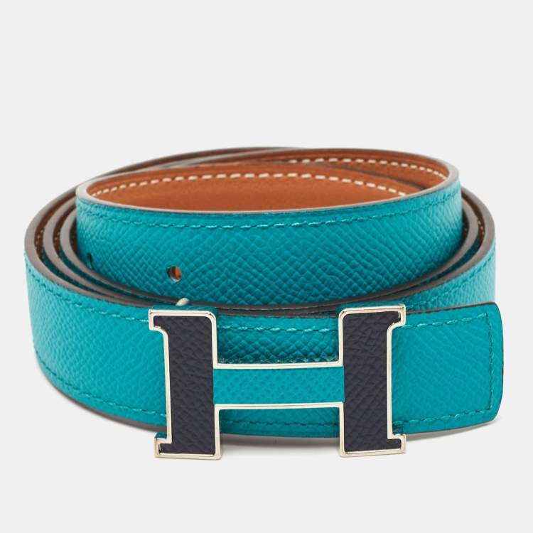 Pre Owned Hermès Vert Verone/Gold Epsom and Swift Leather Constance H Reversible Slim Belt 90 CM