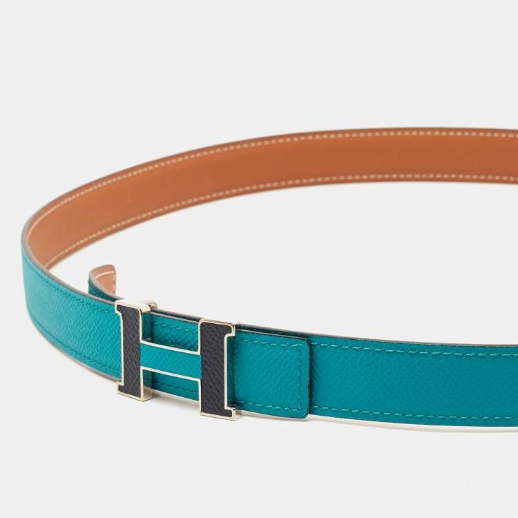 Pre Owned Hermès Vert Verone/Gold Epsom and Swift Leather Constance H Reversible Slim Belt 90 CM