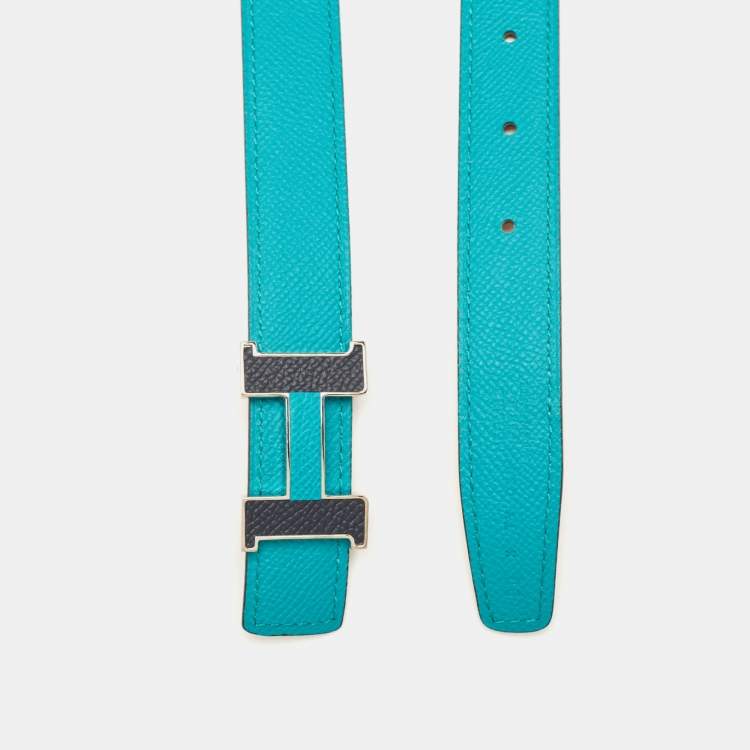 Pre Owned Hermès Vert Verone/Gold Epsom and Swift Leather Constance H Reversible Slim Belt 90 CM