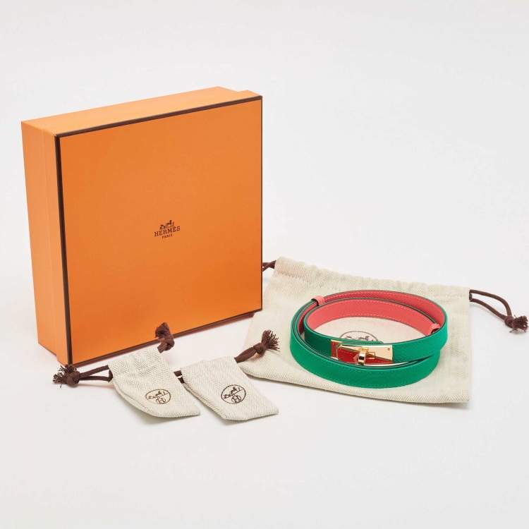 Pre Owned Hermes Menthe/Rose Azalee Toile Officier and Epsom Leather Rose Gold Finish Kelly 18 Belt Adjustable