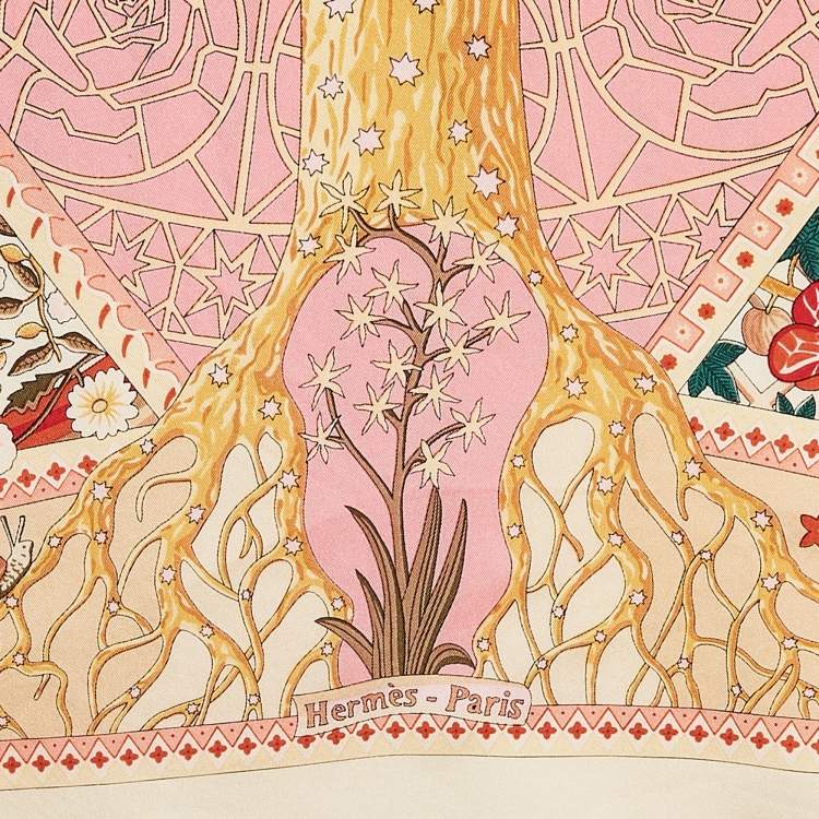 Pre Owned Hermes Pink Printed Silk Axis Mundi Scarf 