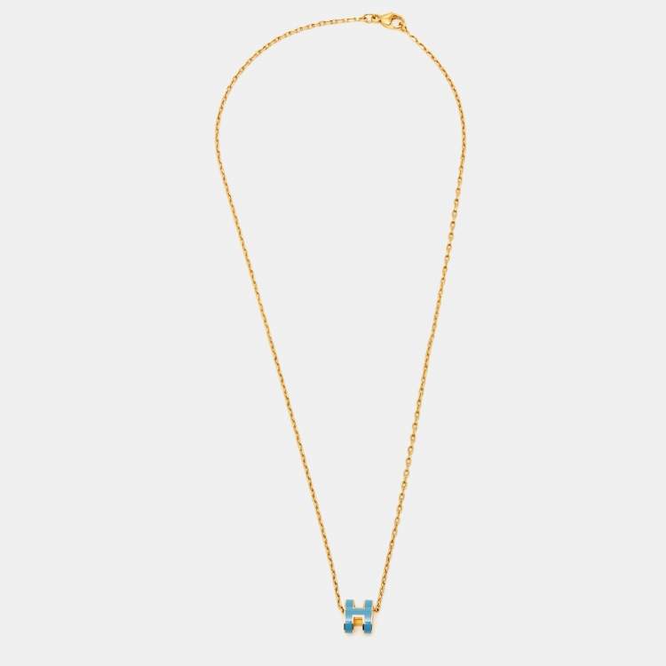 Pre Owned Hermes Mini Pop H Blue Enamel Gold Plated Pendant Necklace