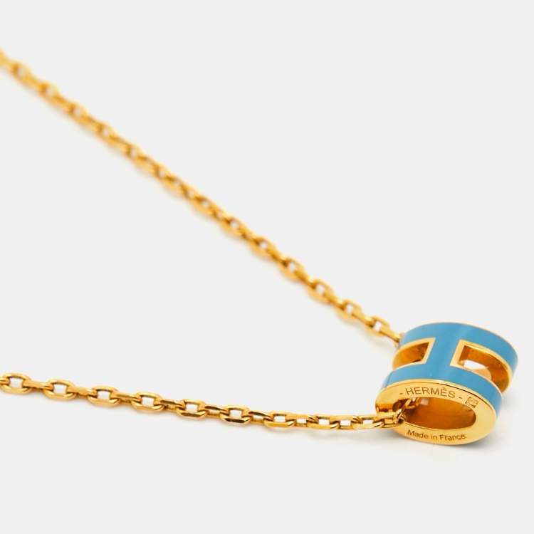 Pre Owned Hermes Mini Pop H Blue Enamel Gold Plated Pendant Necklace