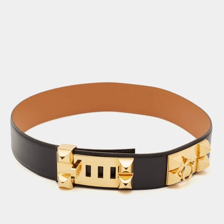 Pre Owned Hermes Black Box Leather Collier de Chien Belt 80 CM