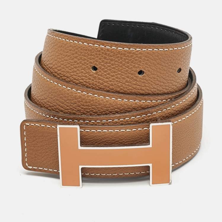 Pre Owned Hermes Black/Gold Box and Togo Leather Qiuzz H Reversible Belt 90CM