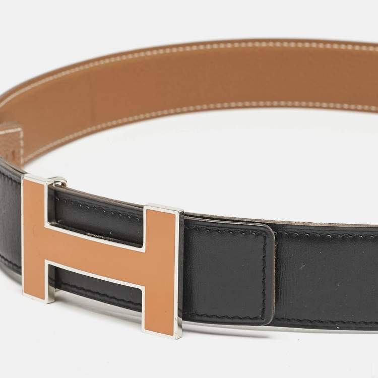 Pre Owned Hermes Black/Gold Box and Togo Leather Qiuzz H Reversible Belt 90CM