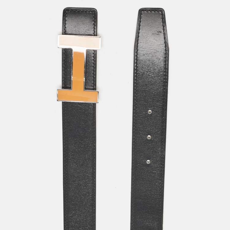 Pre Owned Hermes Black/Gold Box and Togo Leather Qiuzz H Reversible Belt 90CM