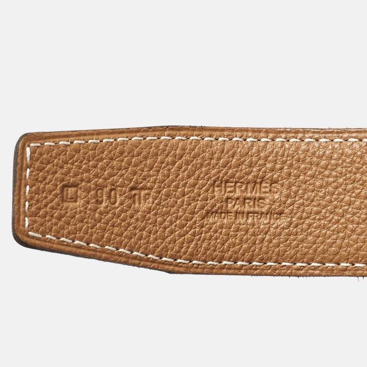 Pre Owned Hermes Black/Gold Box and Togo Leather Qiuzz H Reversible Belt 90CM