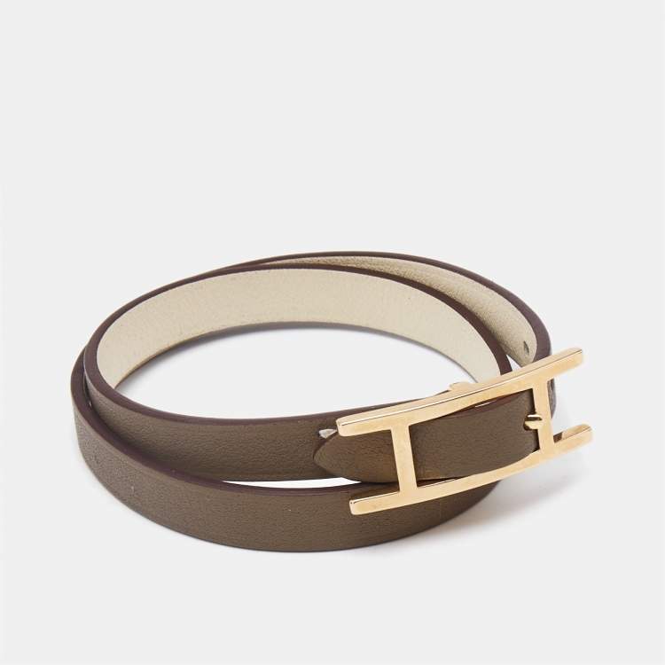 Pre Owned Hermès Behapi Reversible Leather Rose Gold Plated Bracelet