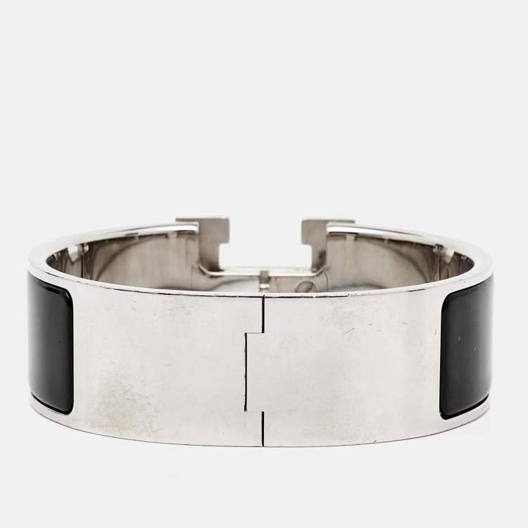 Pre Owned Hermes Clic Clac H Black Enamel Palladium Plated Bracelet