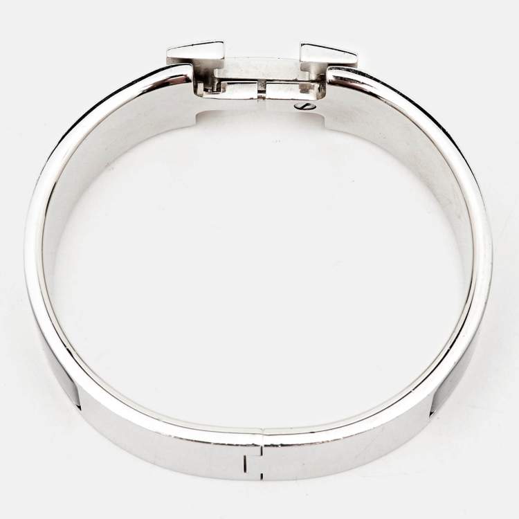 Pre Owned Hermes Clic Clac H Black Enamel Palladium Plated Bracelet