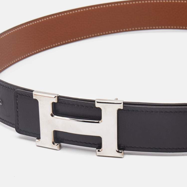 Pre Owned Hermes Noir/Gold Box and Togo Leather H Buckle Reversible Belt 80 CM