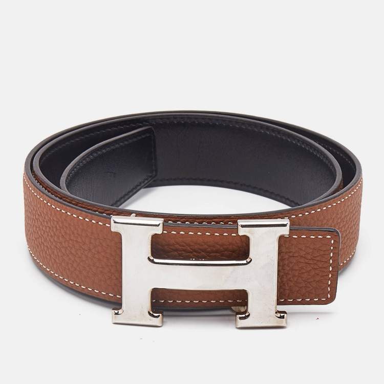 Pre Owned Hermes Noir/Gold Box and Togo Leather H Buckle Reversible Belt 80 CM