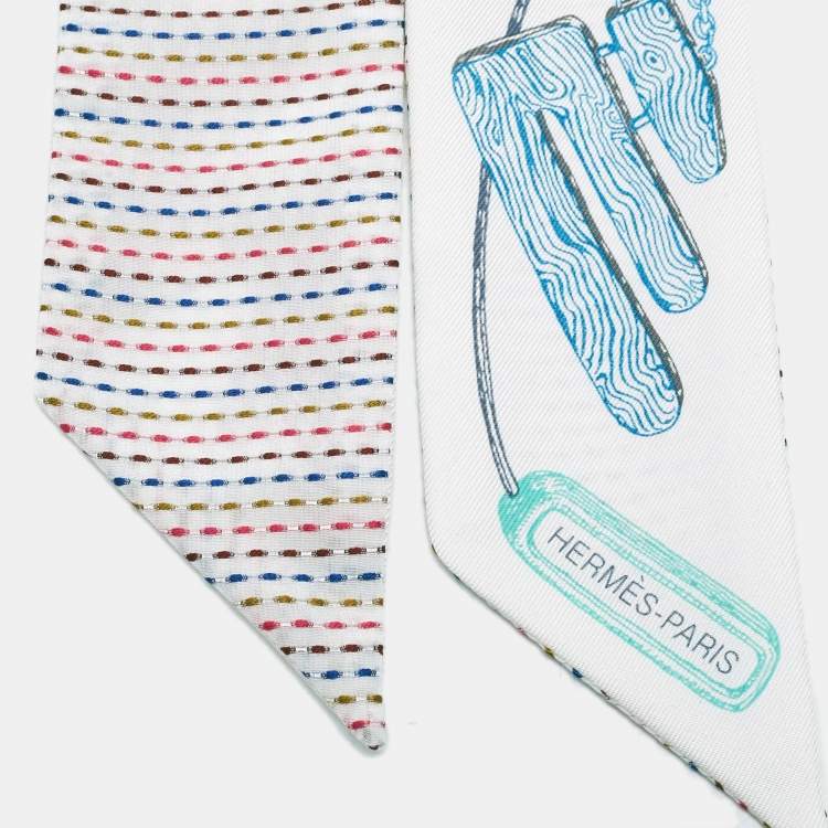 مملوكة مسبقًا Hermès White/Pink Silk Chevaloscope Pointille Twilly