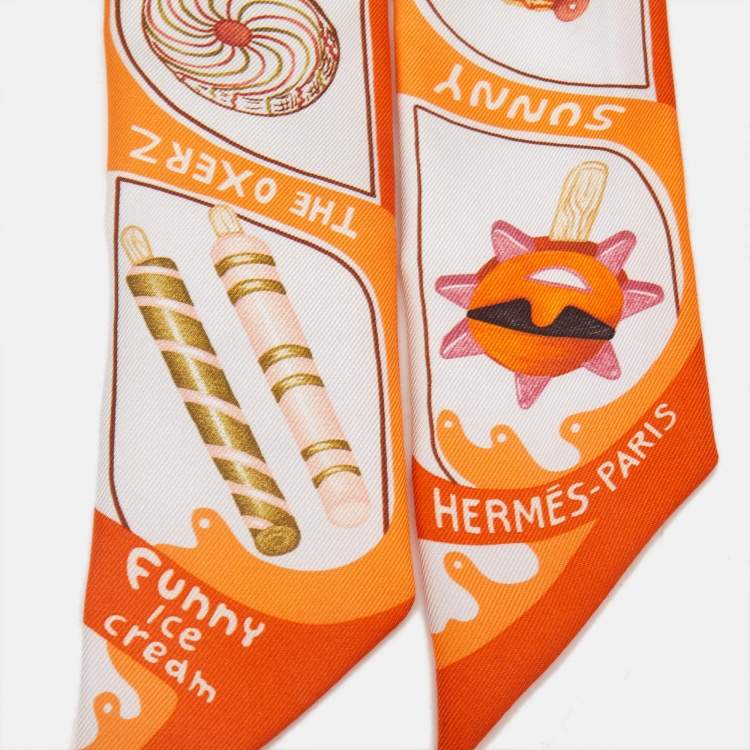 Pre Owned Hermès Orange Funny Ice Cream Silk Twilly 