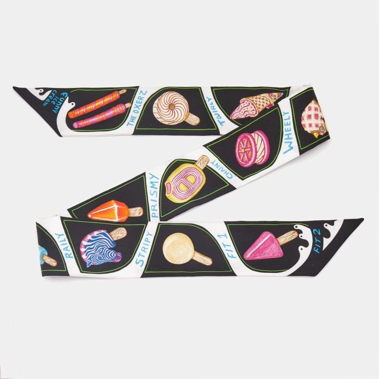 Pre Owned Hermes Black Funny Ice Cream Printed Silk Twilly
