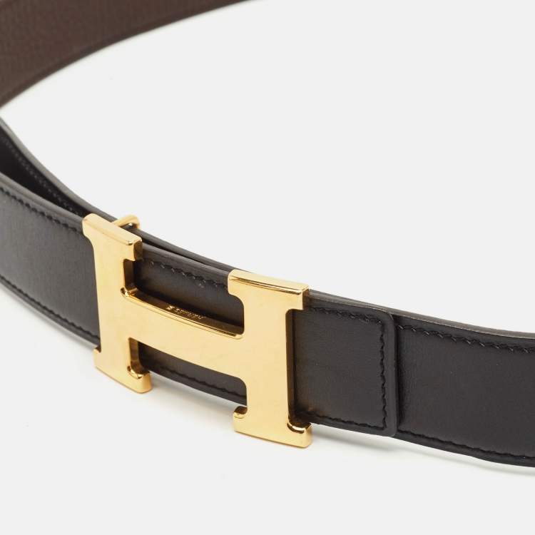 Pre Owned Hermès Black/Chocolat Togo Leather H Buckle Reversible Belt 95CM