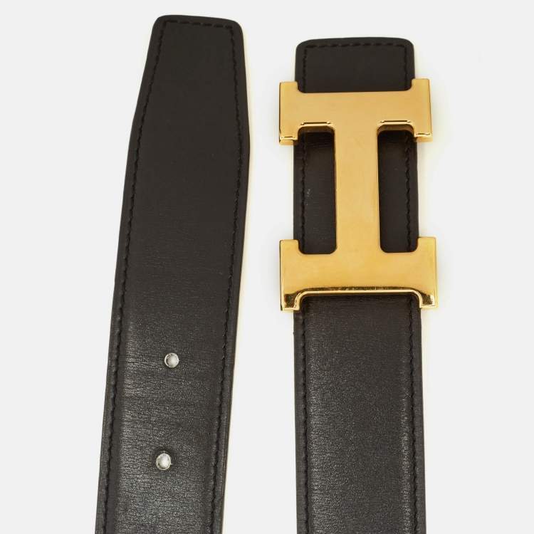Pre Owned Hermès Black/Chocolat Togo Leather H Buckle Reversible Belt 95CM