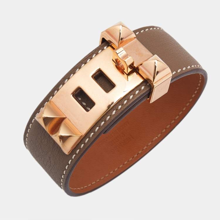 Pre Owned Hermes Collier de Chien 24 Leather Rose Gold Tone Bracelet 