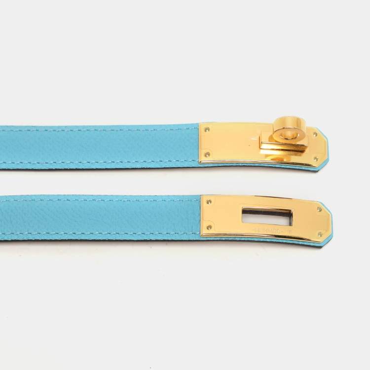 Pre Owned Hermes Blue Aztec Epsom Leather Gold Tone Finish Kelly 18 Belt Adjustable