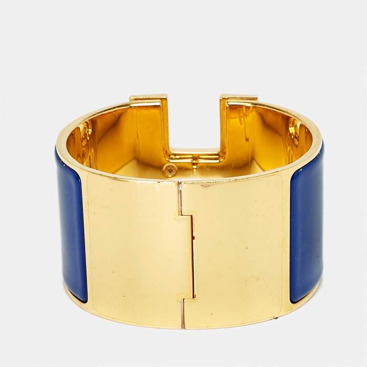 Pre Owned Hermès Clic Clac H Blue Enamel Gold Plated Bracelet