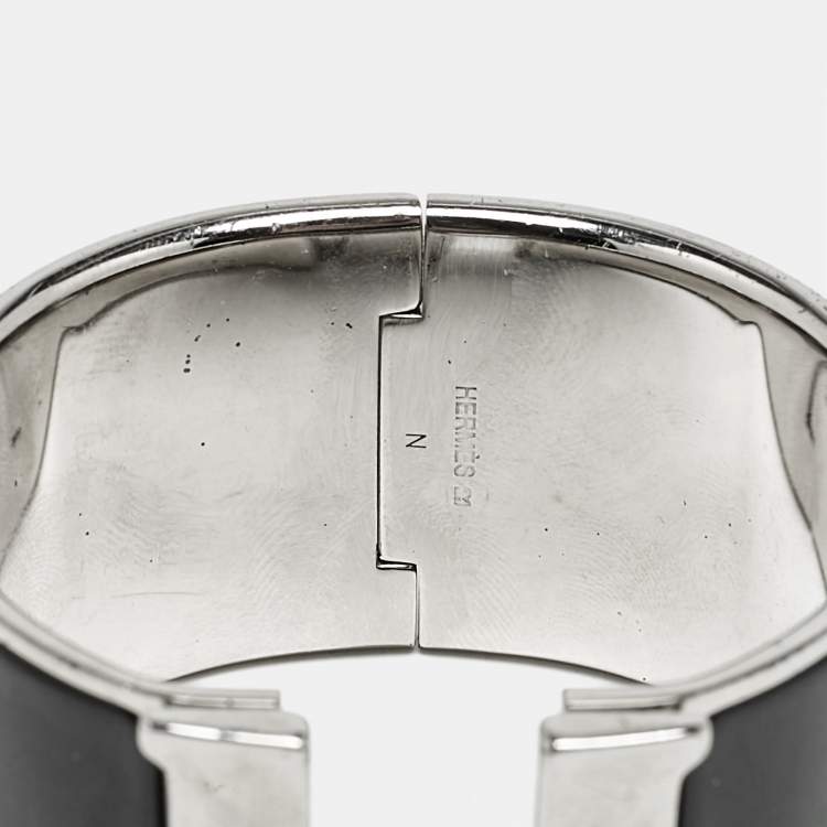 Pre Owned Hermes Clic Clac H Black Enamel Palladium Plated Extra Wide Bracelet