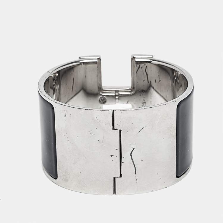 Pre Owned Hermes Clic Clac H Black Enamel Palladium Plated Extra Wide Bracelet