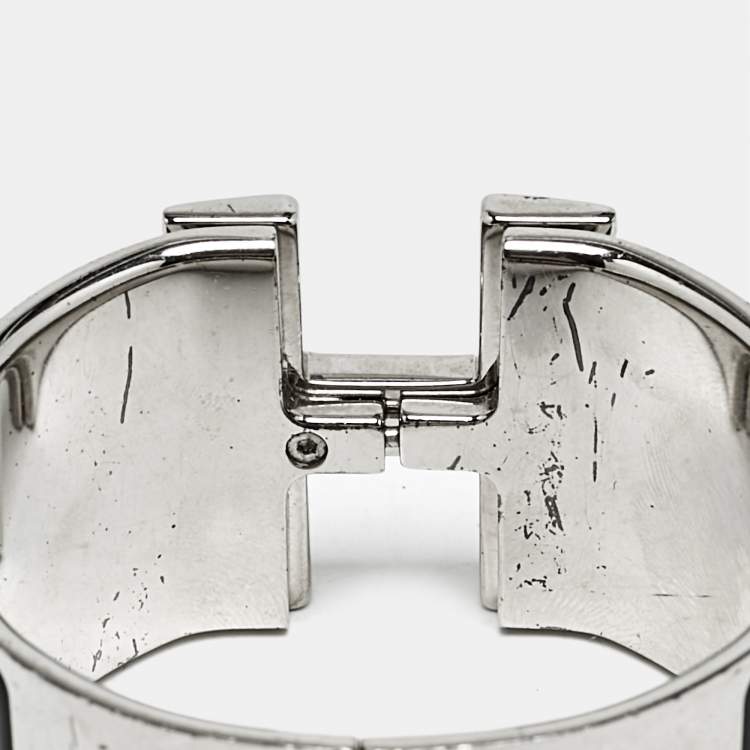 Pre Owned Hermes Clic Clac H Black Enamel Palladium Plated Extra Wide Bracelet