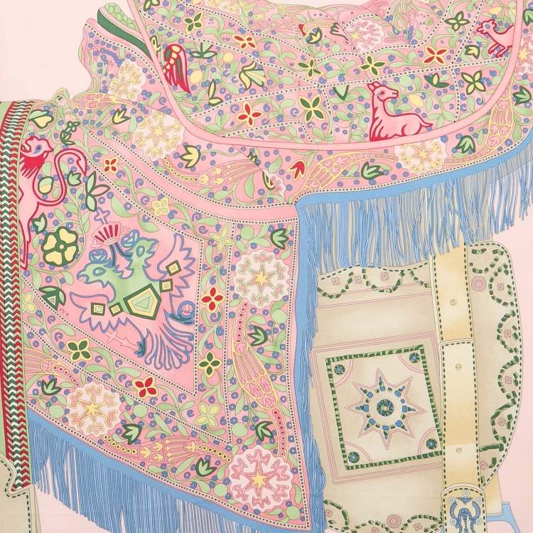 Pre Owned Hermes Pink Selle Des Steppes Printed Silk Square Scarf