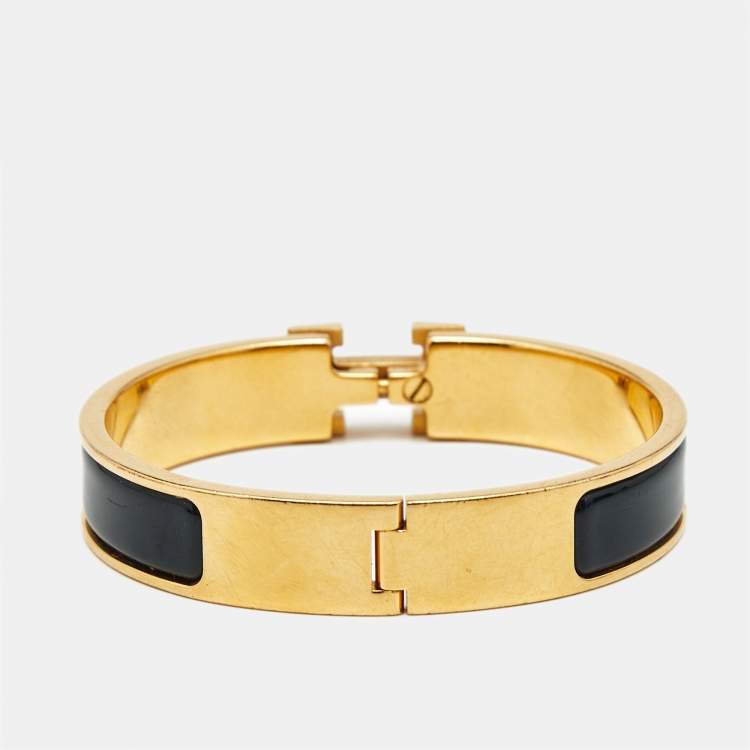 مملوكة مسبقًا Hermes Clic H Black Enamel Gold Plated Bracelet