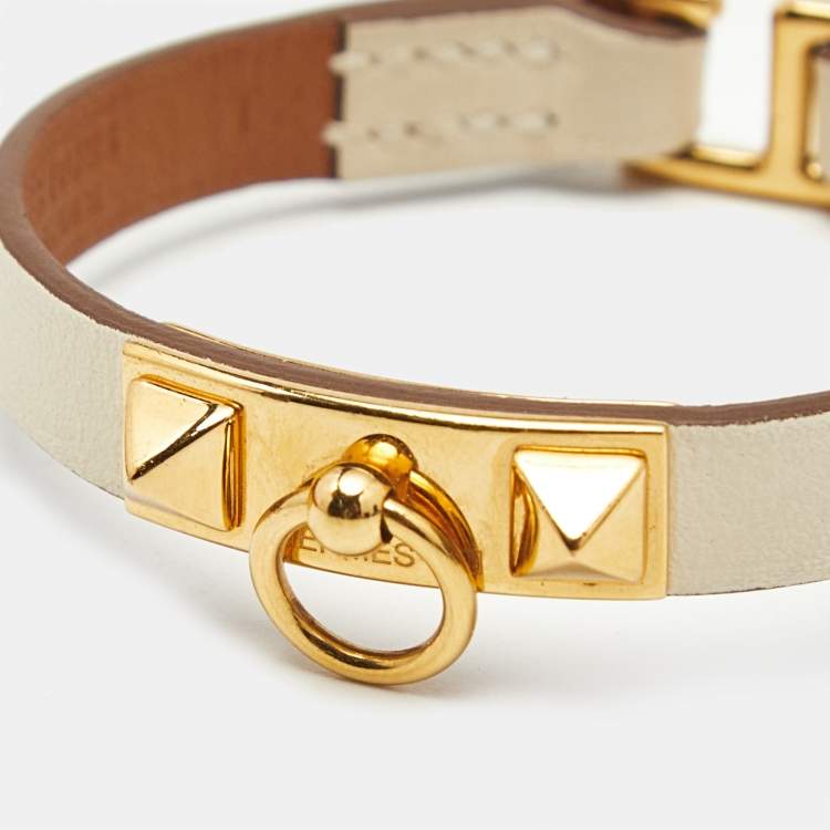 Pre Owned Hermès Rivale Mini Cream Leather Gold Plated Bracelet