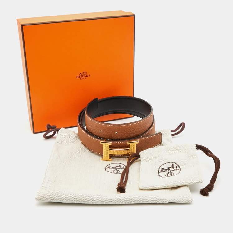Pre Owned Hermès Noir/Gold Box and Togo Leather Guilloche H Buckle Reversible Belt 85 CM