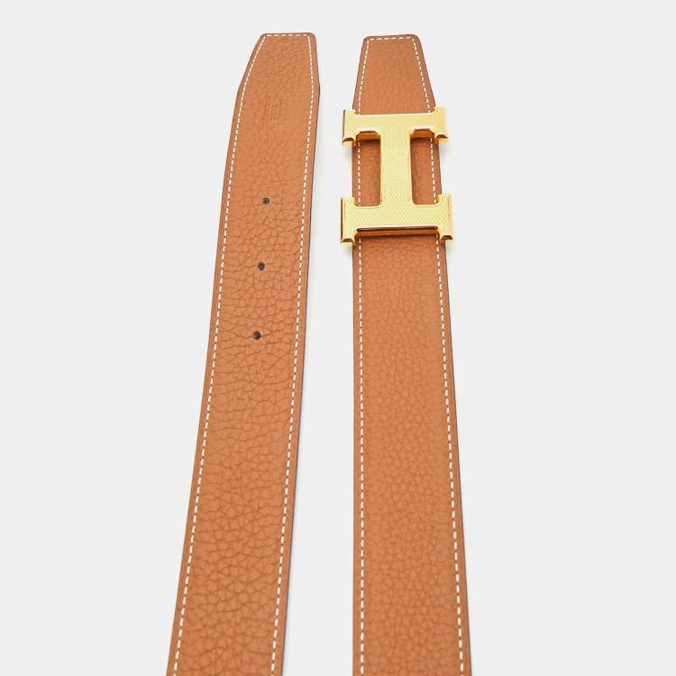 Pre Owned Hermès Noir/Gold Box and Togo Leather Guilloche H Buckle Reversible Belt 85 CM